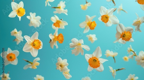 A dance of daffodils mid-air, their white petals and vibrant orange centers contrasting beautifully with the clear blue background