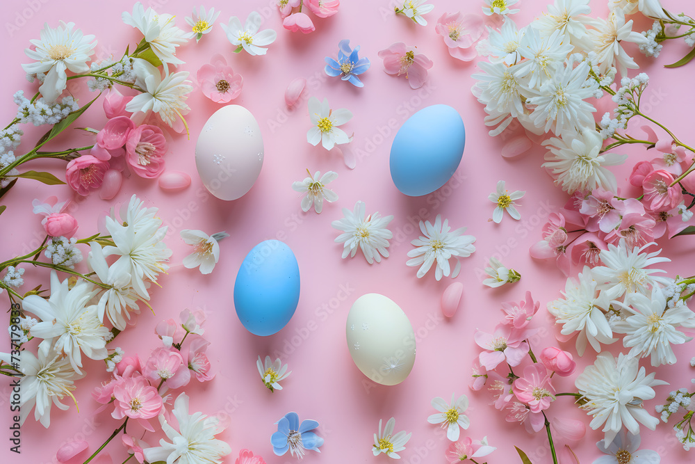 Springtime Easter Celebration: Pastel Easter Eggs Amidst Blossoming Flowers Bathed in Golden Sunlight