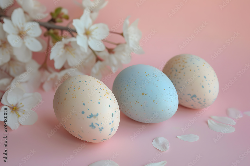 Springtime Easter Celebration: Pastel Easter Eggs Amidst Blossoming Flowers Bathed in Golden Sunlight