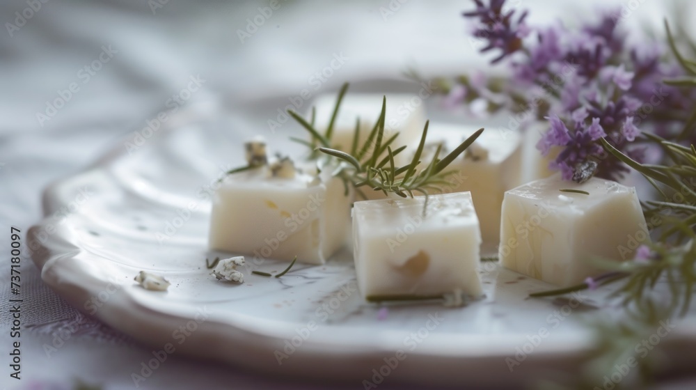 a white plate topped with cubes of soap next to a bunch of lavenders and a sprig of rosemary.