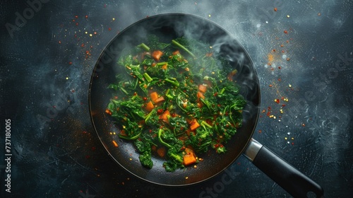 A dark, non-stick skillet on a stovetop contains vibrant greens and bright orange diced vegetables that are being sauteed, with wisps of steam rising from them, set against a dark background splattere