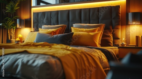 This is a contemporary bedroom that features a large bed with grey upholstered headboard and adorned with soft pillows in varying shades of yellow and grey. The room is illuminated with warm ambient l