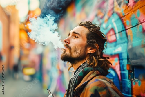 Young man exhaling vapor from an e-cigarette against a vibrant graffiti wall, showcasing urban street culture and lifestyle.