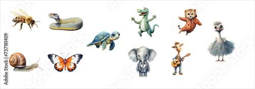 Collection of Ten Diverse Animals Including a Bee, Snake, Sea Turtle, Dinosaur, Snail, Butterfly, Elephant, Giraffe, Leopard Cub © Zaleman