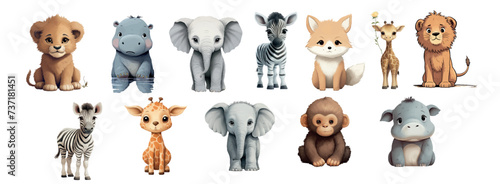 Adorable Collection of Illustrated Baby Animals Including a Lion Cub, Hippo, Elephant, Zebra, Fox, and Giraffe in Various