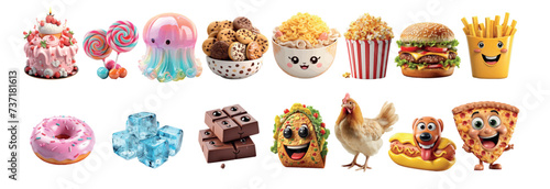 Delightful Assortment of Animated Food Items: Colorful Cake, Lollipops, 