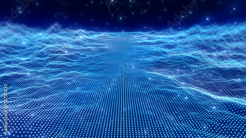 Abstract glowing digital cyberspace of waves, particles and dots moves on a dark blue background. big data visualization, futuristic and technological illustration.