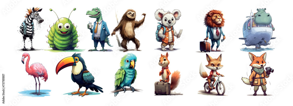 Colorful Assembly of Animated Animals in Various Attire: A Unique Vector Illustration of Diverse Creatures Showcasing Distinct
