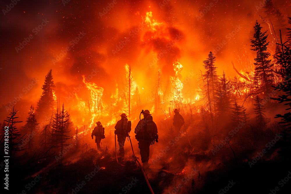 Firefighters working tirelessly to contain forest fire, with scenes of teamwork, determination, and resilience amidst dangerous and unpredictable conditions of fireground