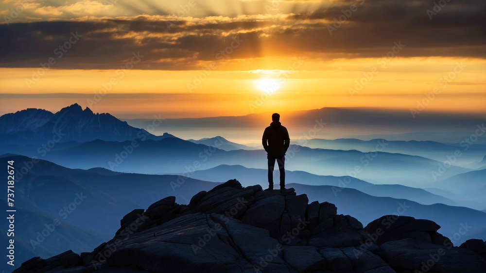 A lonely figure of a man standing on a high mountain. Man watching the sunset sky and misty mountains, concept of victory, climbing to the top. - obrazy, fototapety, plakaty 