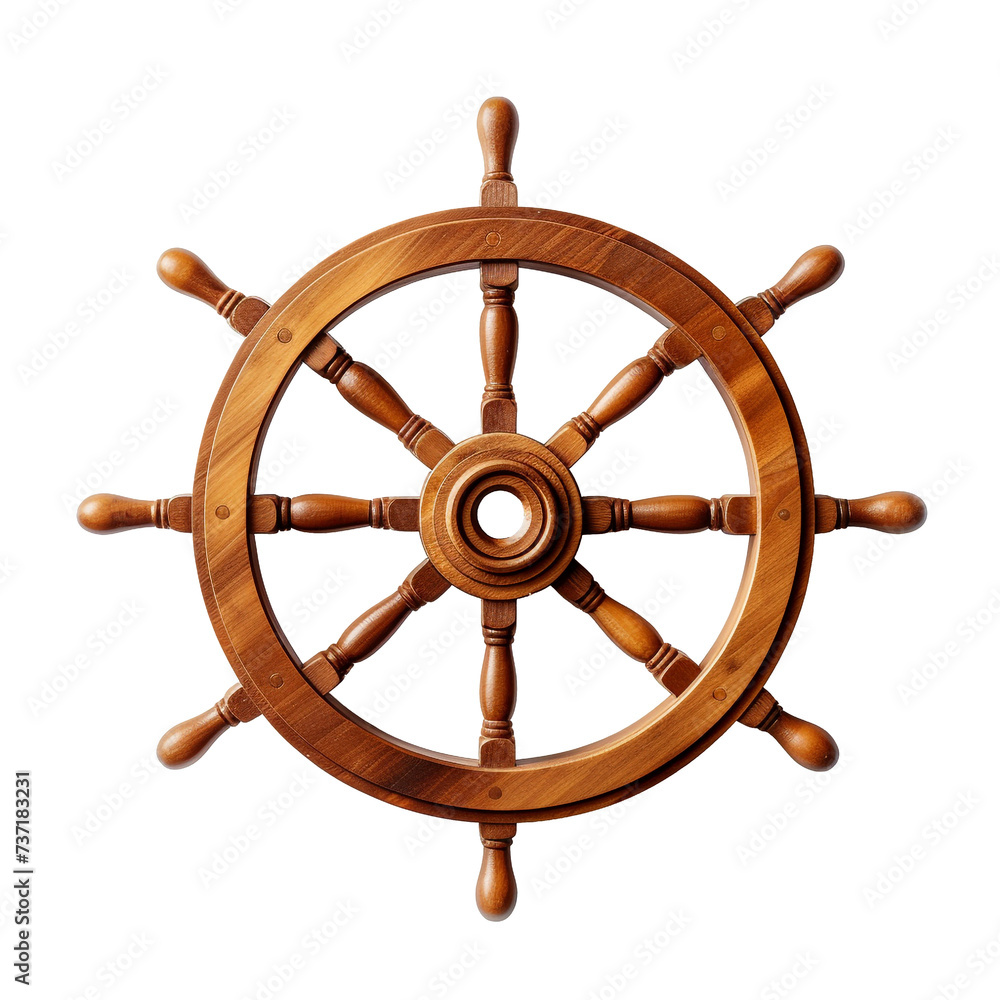isolated illustration of a wooden ship steering wheel. Created with Generative AI