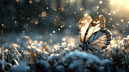 a close up of a butterfly in a field of grass with snow on the ground and a bright light in the background. © Anna
