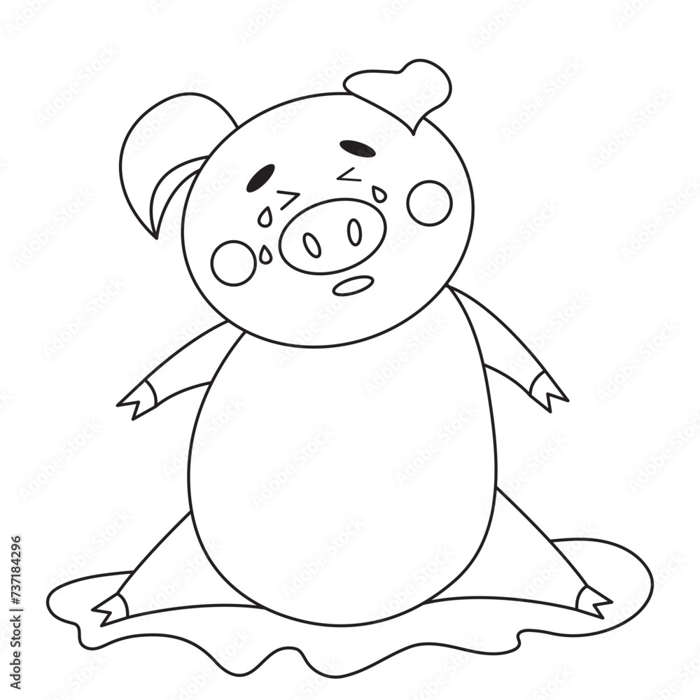 Vector cute cartoon pig sitting and cry isolated on white. Outline coloring book page design. Farm animal character. Clipart piggy illustration. Vector cute cartoon pig sitting and cry isolated on white. Outline coloring book page design. Farm animal character. Clipart piggy illustration.