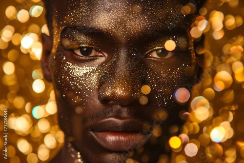 close-up of african american gay man with sparkling glitter make-up on the golden background