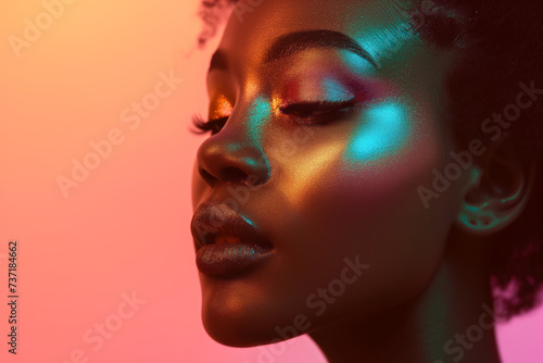 close-up of african american woman with shiny natural make-up, neon lights