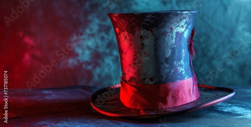 In the spotlight, the magician's hat steals the show with its captivating magic trick, casting a spell of wonder against a whimsical background. Generative AI.