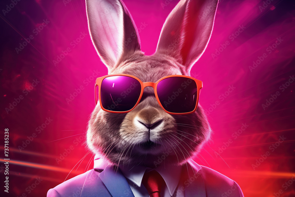 A stylized Easter bunny in synthwave fashion with sunglasses and neon pink background