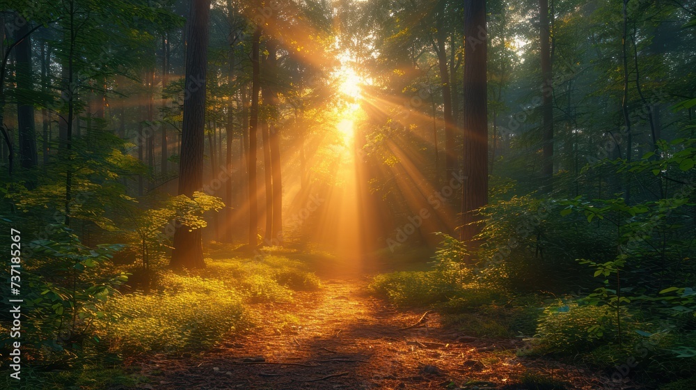 Beautiful view of morning sunlight and long shadows in natural forest Beautiful view of morning sunlight and long shadows in natural forest