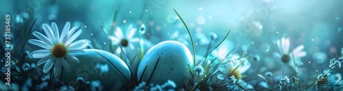 easter eggs in grass with flowers, in the style of light teal and dark blue, surprisingly absurd, eye-catching, vibrant, captivating photo