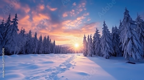 Fantastic winter landscape. Dramatic sunset over the snowy forest. Winter landscape wallpaper with pine forest covered with snow and scenic sky at sunset