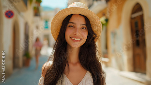 Young beautiful woman in a straw hat looking at camera and smiling, southern city in the background.