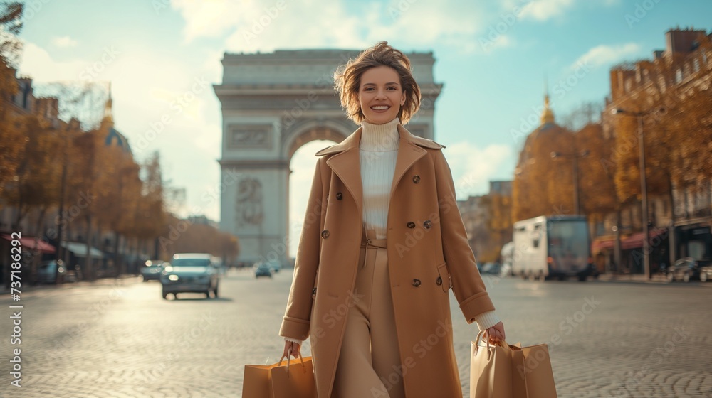 short hair woman walking and holding shopping bags in front of Arc de Triomphe, Champs-Elysees, Paris, France.