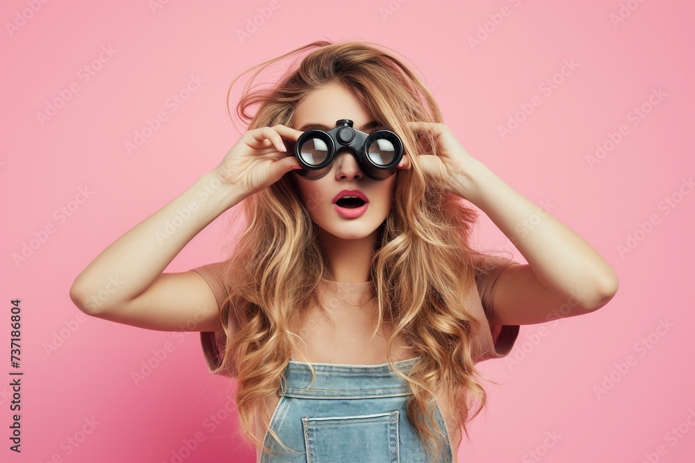 Beautiful blonde haired woman with a surprised face, looking through binoculars on pink Beautiful blonde haired woman with a surprised face, looking through binoculars on pink