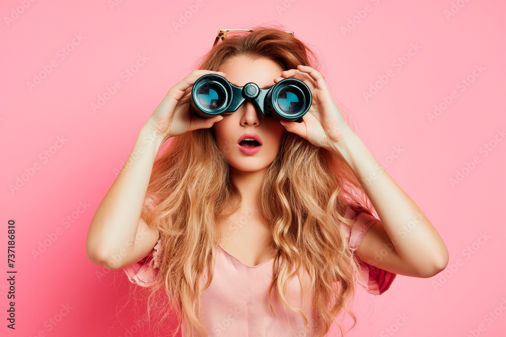 Beautiful blonde haired woman with a surprised face, looking through binoculars on pink Beautiful blonde haired woman with a surprised face, looking through binoculars on pink