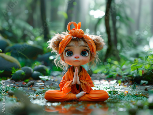 Girl child with big eyes doing yoga in the forest in lotus pose. Generative AI
