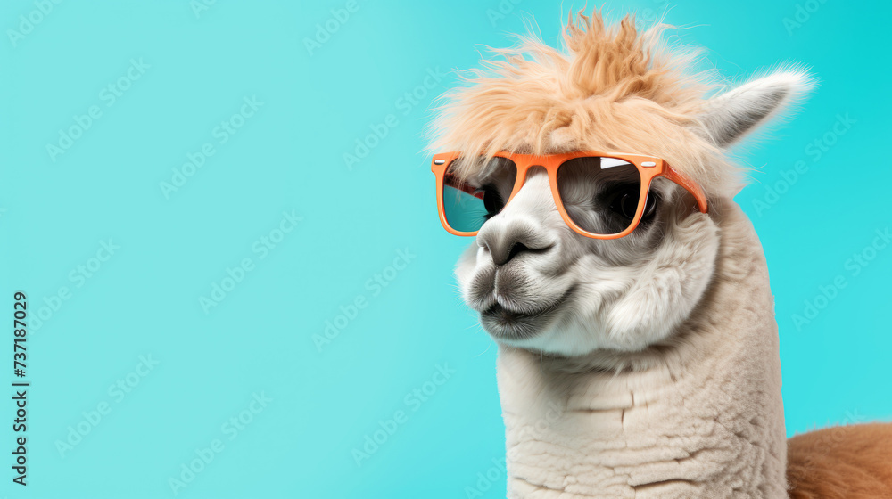 Cool alpaca wearing sunglasses on a blue background, funky and stylish