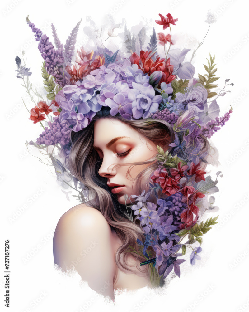 Serene woman with a crown of spring flowers in a dreamy composition