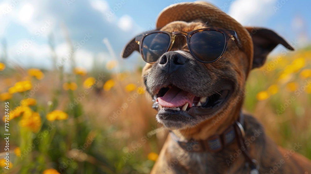 photo of happy dog wearing sunglasses, hat 