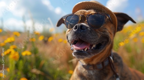 photo of happy dog wearing sunglasses, hat  © nataliya_ua