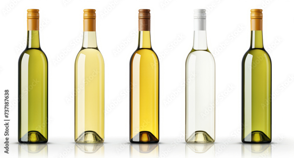 Assortment of empty wine bottles with different colored glass on white