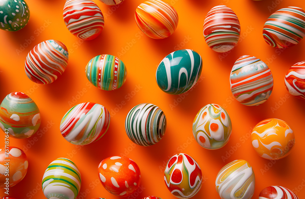 Colorful Easter Eggs Adorned with Floral Patterns on a Vibrant Orange Background