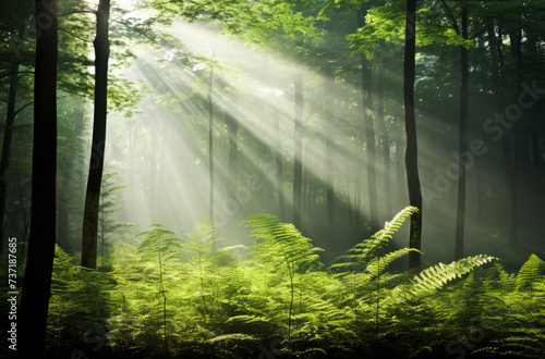 Majestic sunbeams illuminate a lush green forest with ferns and tall trees