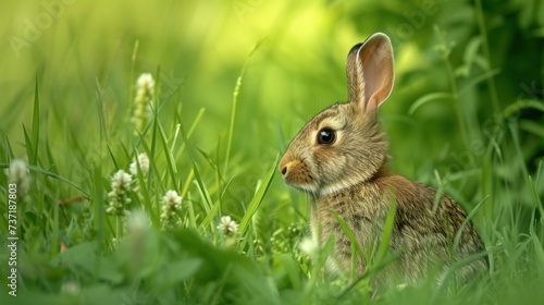 a small rabbit is sitting in a field of tall green grass and grass flowers are in the foreground and a blurry background is in the foreground.