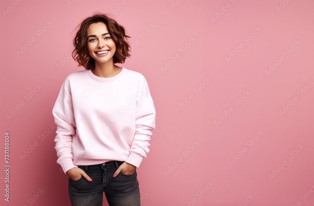 Cheerful young woman with short hair posing against a pink background Cheerful young woman with short hair posing against a pink background