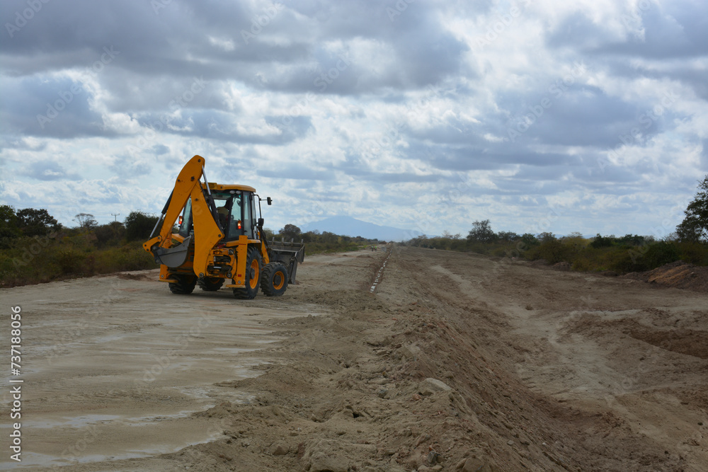 Obraz premium construction machines at works, dozer, roller machine, excavator, crawler rock drill machine, trucks, GPS grader