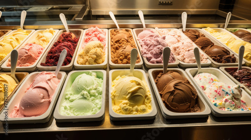 Assorted colorful ice cream flavors in a gelato shop display