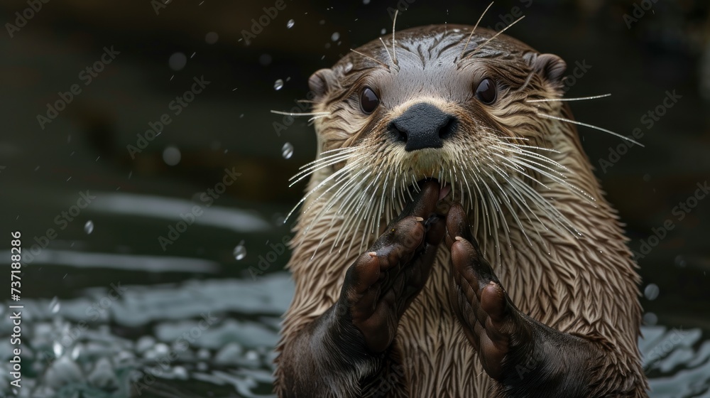 a close up of a wet otter in a body of water with it's hands on it's face. a close up of a wet otter in a body of water with it's hands on it's face.