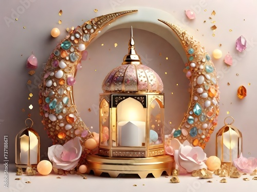 Pink and Blue pastel 3D luxury Ramadan presentation with golden and crystal crescent podium display, illustration for advertising products, Ramadan gifts and many others, Generative AI.