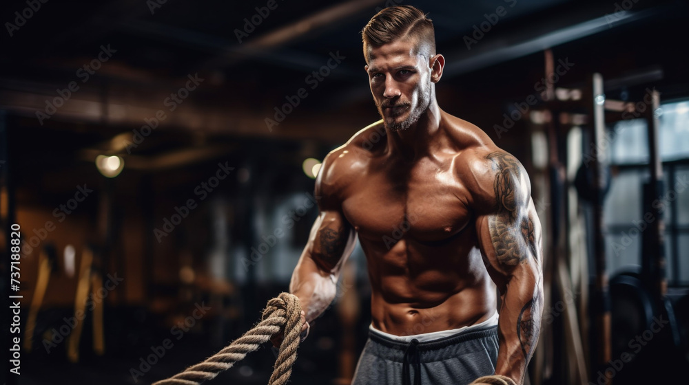 muscular man work out with battle rope