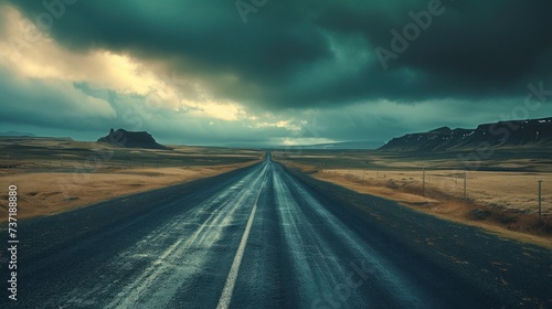 an empty road in the middle of the desert under a dark sky with a storm moving in over the mountains. © Anna