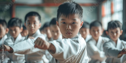 Group Of Energetic Asian Children Practicing Taekwondo In Martial Arts Class