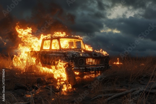 Fire Rages On An Isolated Abandoned Vehicle