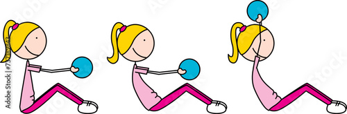Cartoon vector illustration of a girl exercising - sitting roll back and lifting ball