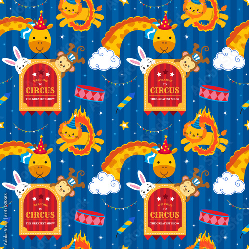 Seamless pattern with cute cartoon circus animals on blue striped background