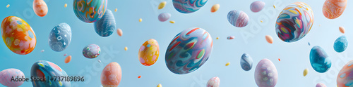Colorful Dance of Abstract Painted Eggs  A Mesmerizing Display in Mid-Air Against a Serene Blue Backdrop