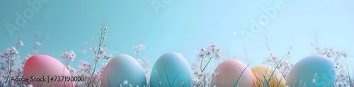 Easter Morning: Colorful Eggs Amidst Blooming Spring Flowers on a Vibrant Pink Background